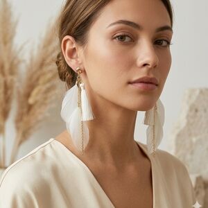 White Feather Earrings with Gold Accents | Elegant Lightweight Statement Jewelry